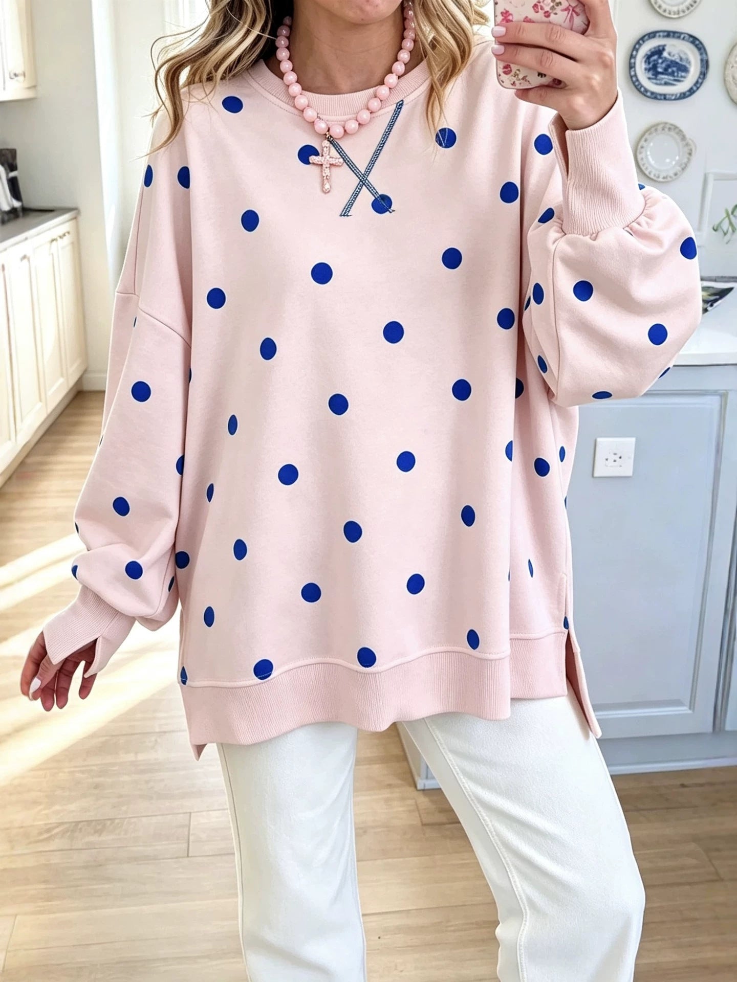 Women’s Oversized Sweatshirt with Polka Dot Print and Balloon Sleeves Chichicherry