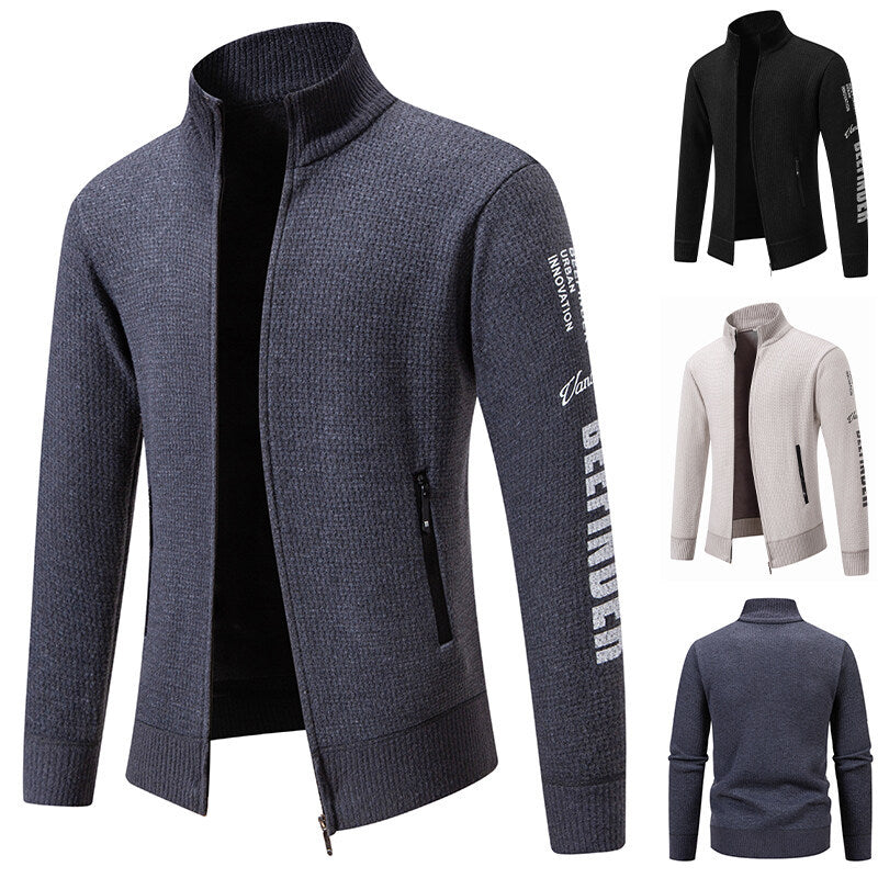 Men's Structured Knit Zip Jacket with Waffle Texture, Stand Collar and Zipper Pockets Chichicherry