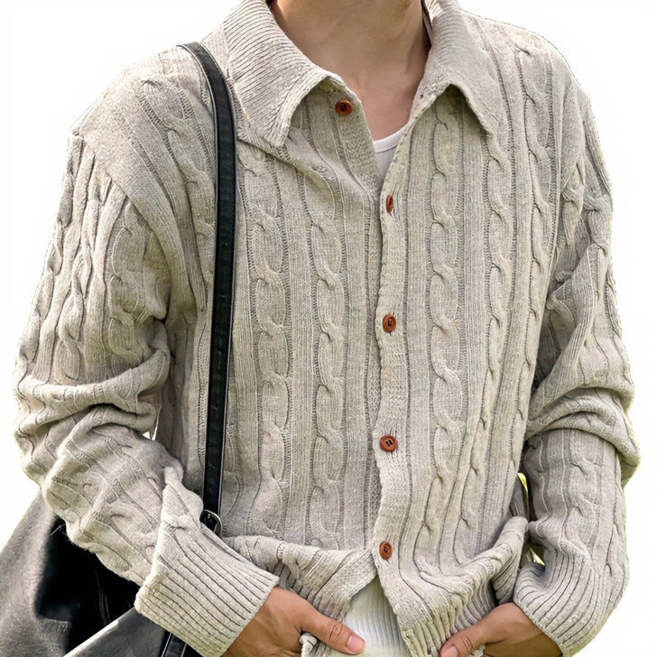 Herren Strickjacke mit Zopfmuster, Hemdkragen und durchgehender Knopfleiste Chichicherry