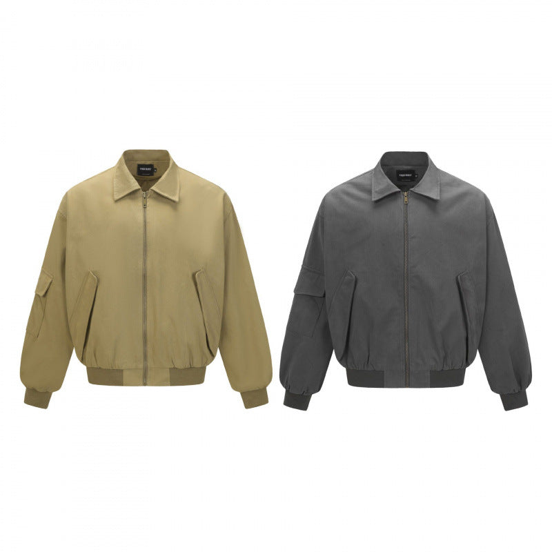 Unisex Oversize Bomber Jacket in Utility Style with Zipper, Flap Pockets and Ribbed Hem Chichicherry