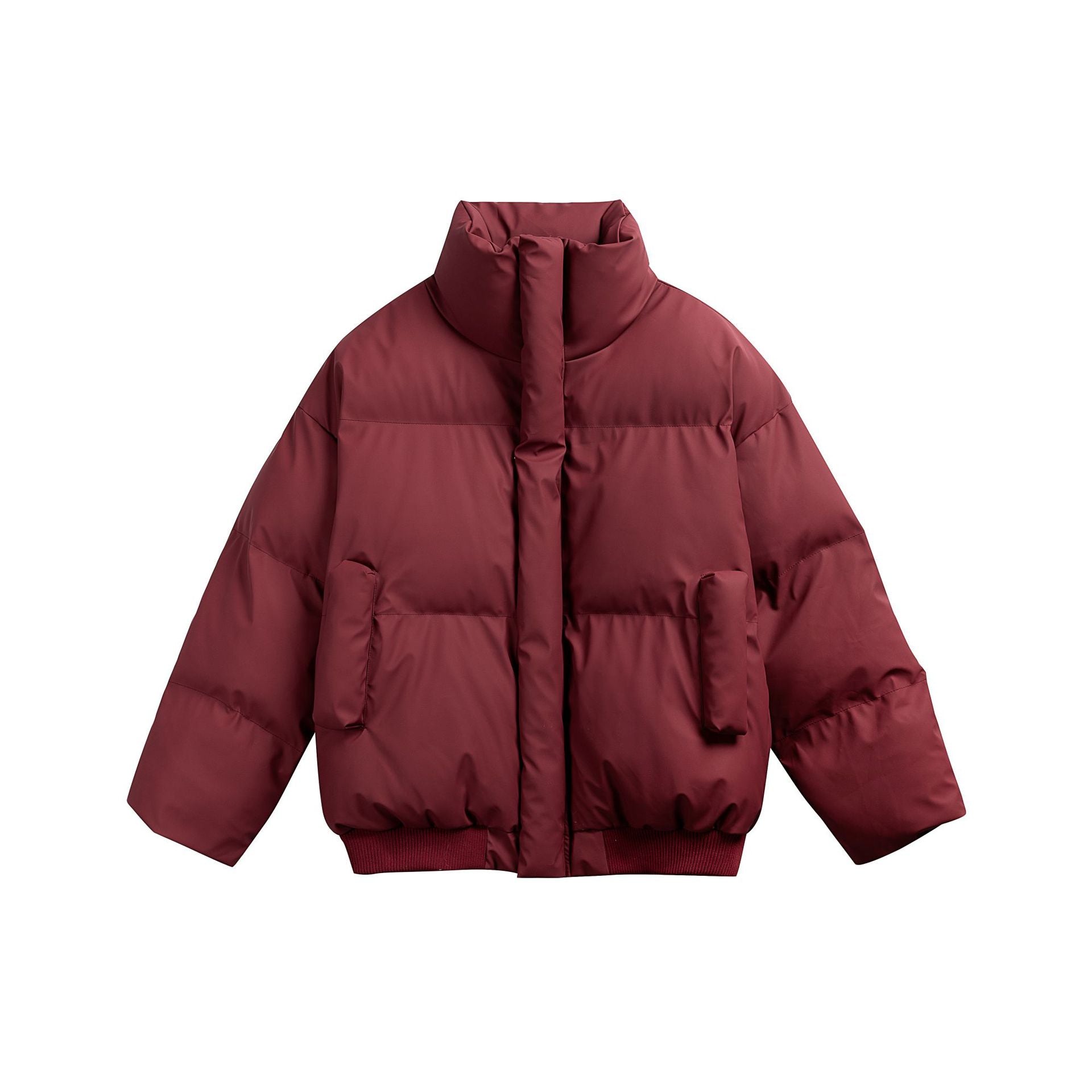 Women short-cut padded quilted bomber jacket with high stand-up collar and patch pockets Chichicherry