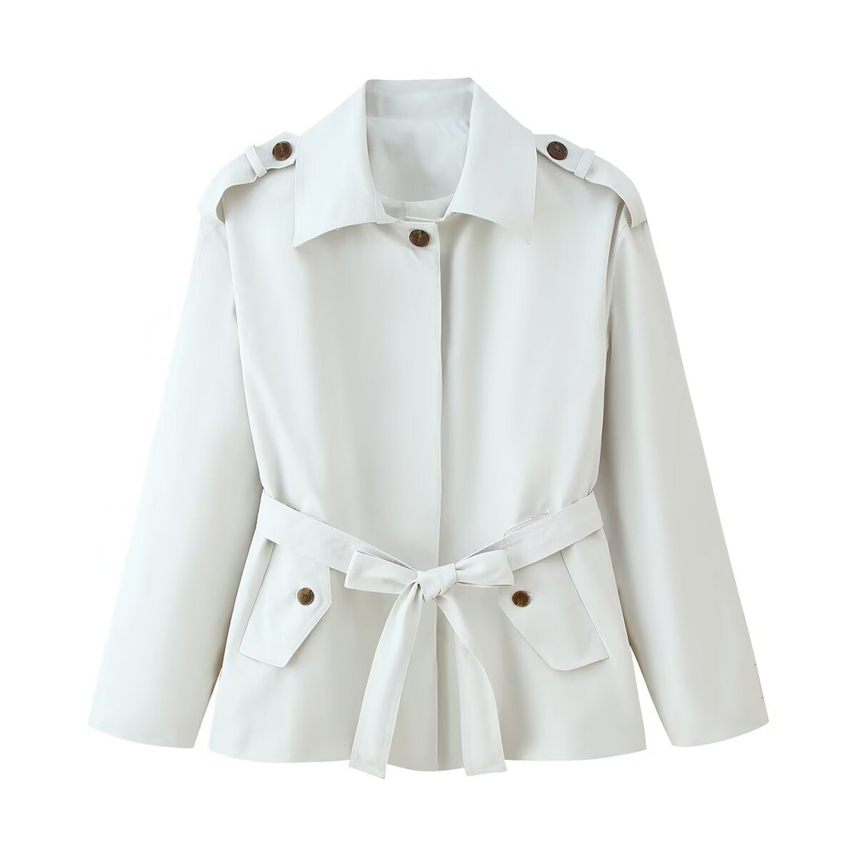 Women's short trench coat with waist belt, shoulder flaps, and patch pockets Chichicherry