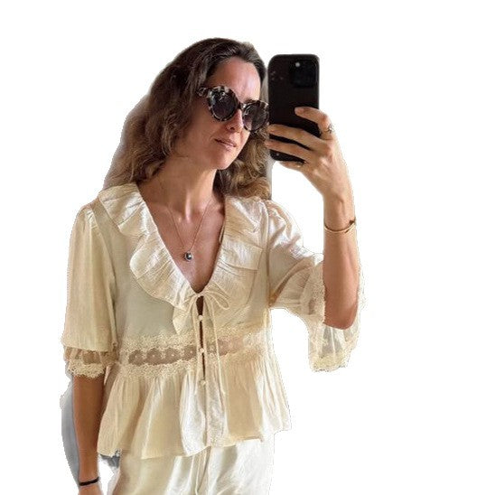 Women Romantic Linen Blouse with Ruffles, Lace Inserts & Cord Closure Chichicherry