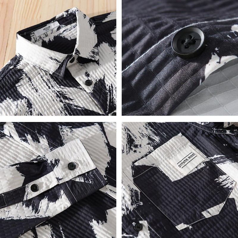 Men Creped Overshirt Jacket with Abstract Brush Print and Chest Pocket Chichicherry