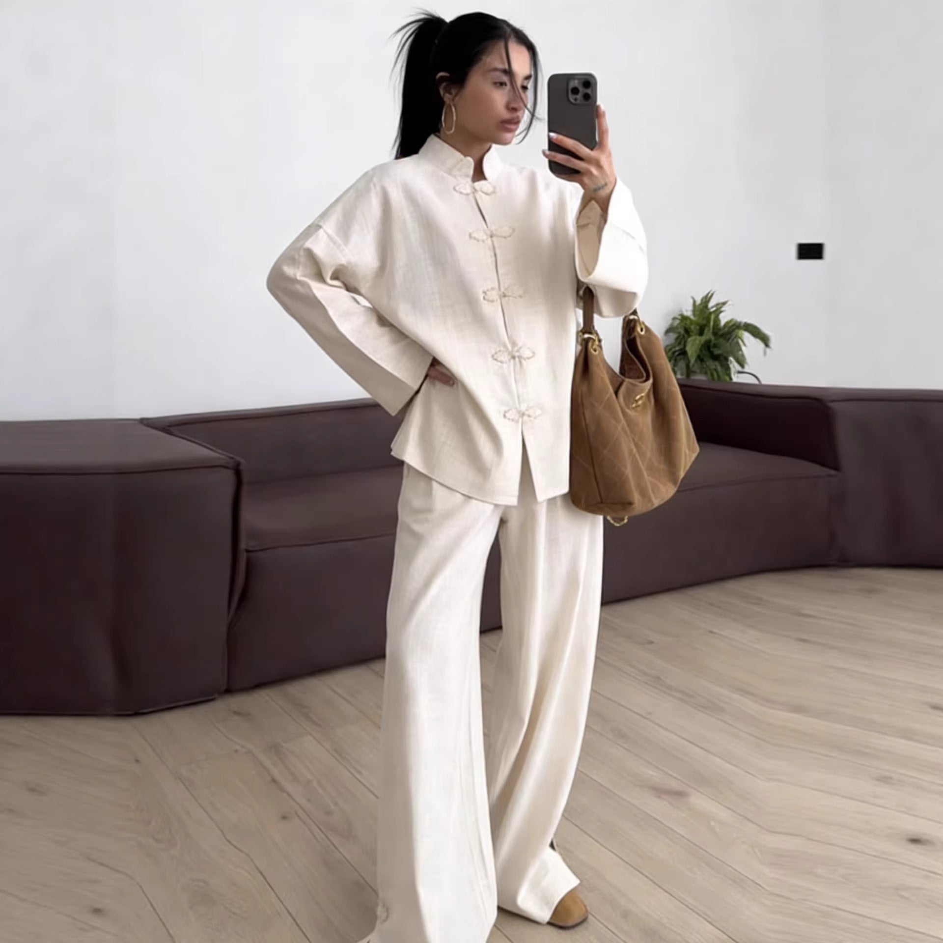 Women's Oversized Mandarin Jacket with Knot Closures and Wide Sleeves Chichicherry