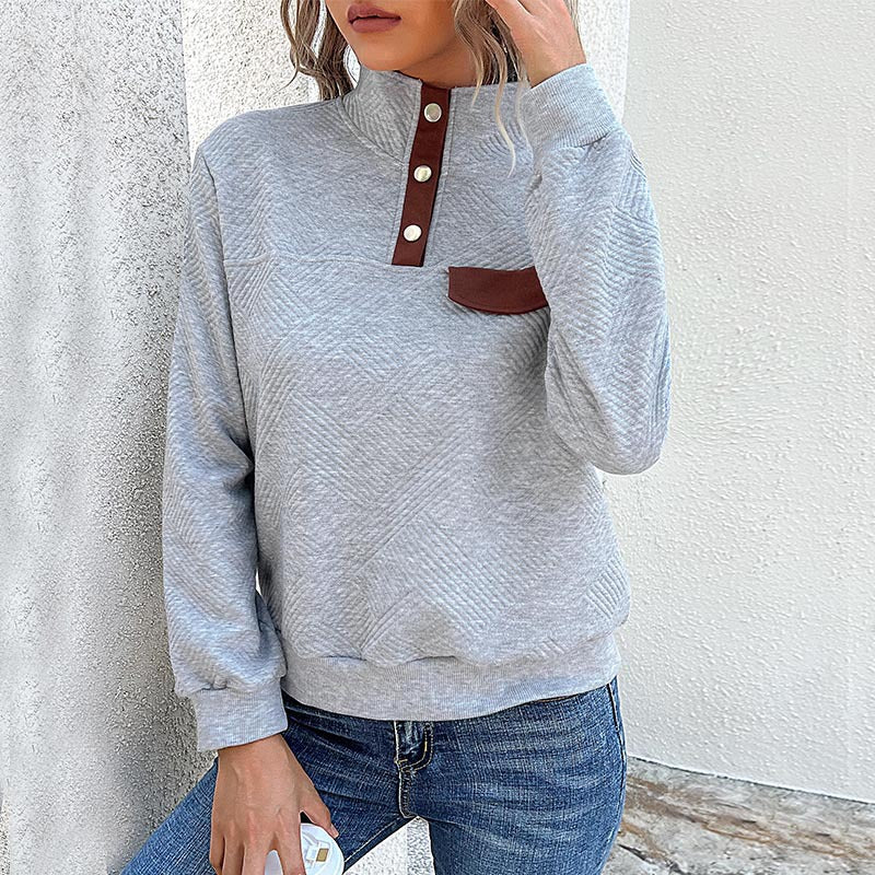 Women's Textured Stand Collar Sweatshirt with Snap Button Placket and Decorative Flap