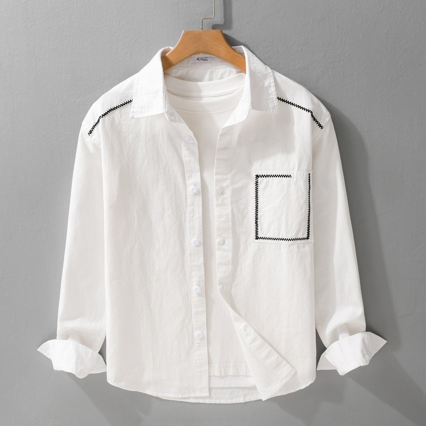 Men's cotton shirt with decorative zigzag seams and chest pocket Chichicherry