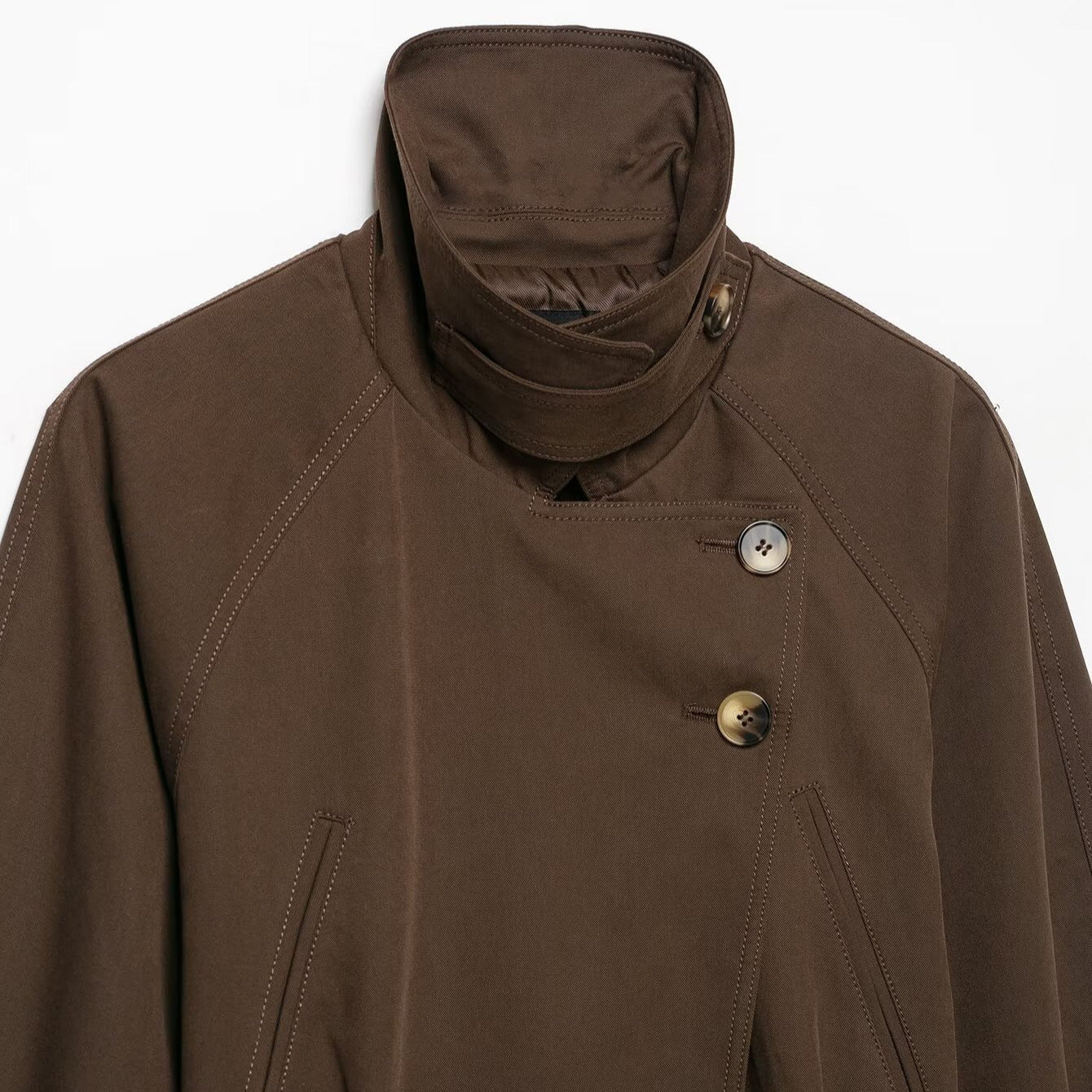 Women's short trench coat with high stand-up collar, tie belt, and asymmetrical button placket Chichicherry