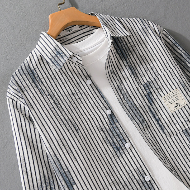 Men's Long Sleeve Shirt in Stripe Relief with Chest Pocket and Light Wash Effect Chichicherry
