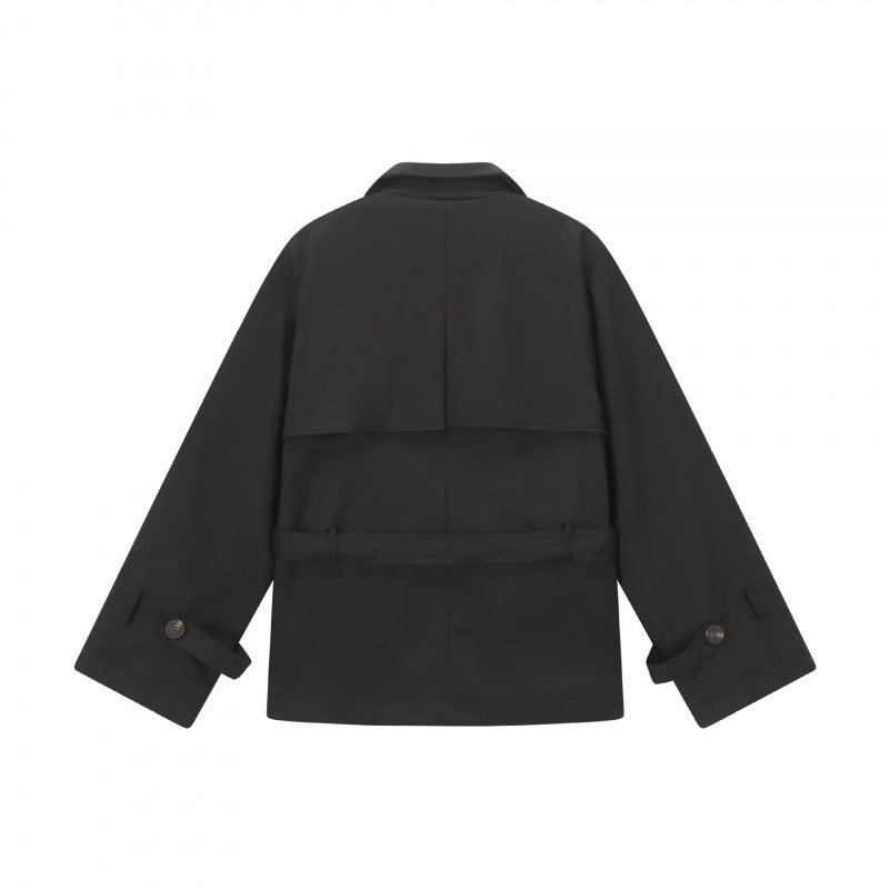 Unisex Short Double Blouson Trench Coat with Waist Belt and Boxy Silhouette Chichicherry