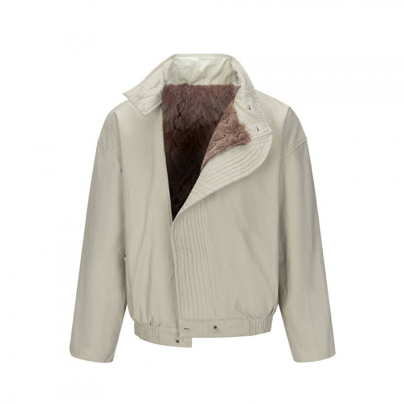 Men's Asymmetric Short Jacket with Stand Collar, Quilted Front Placket and Elastic Hem Chichicherry