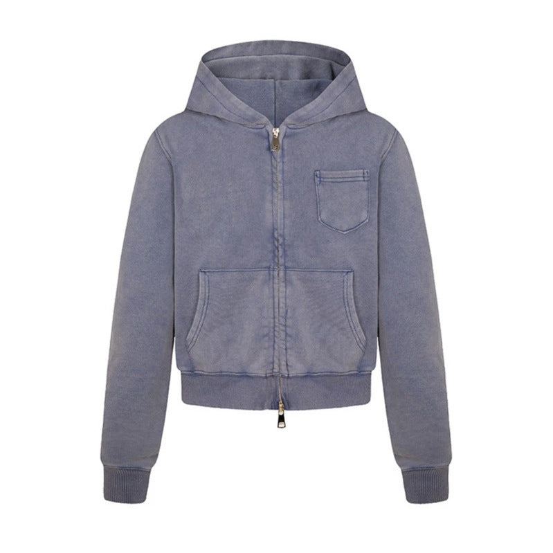 Ladies short-cut hooded zip jacket made of garment-dyed cotton fleece with chest pocket Chichicherry