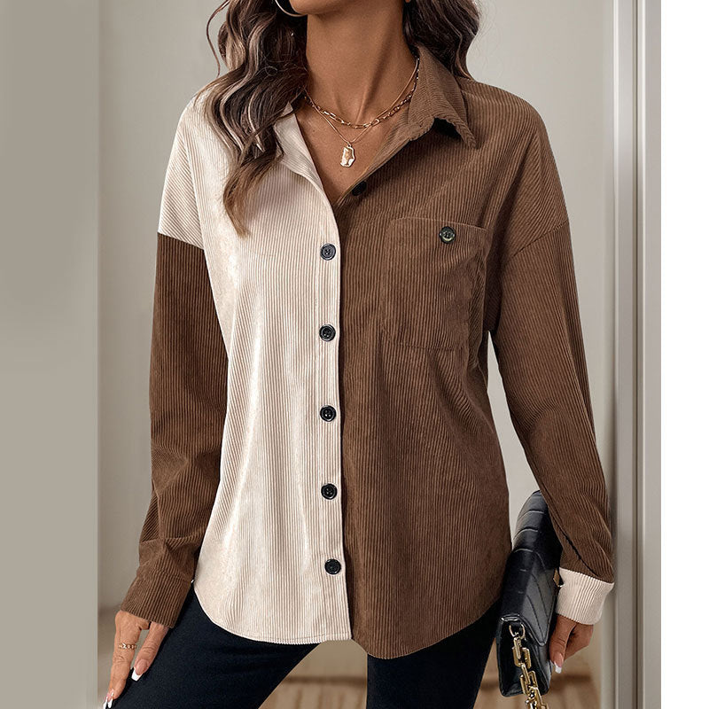 Women's Two-Tone Cord Shirt with Drop Shoulder and Patch Chest Pocket Chichicherry