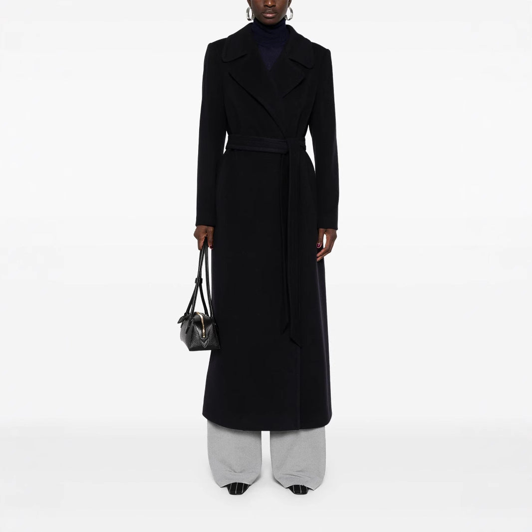 Women's long wrap coat made of wool blend with tie belt and wide lapels Chichicherry