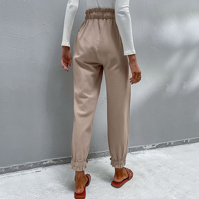 Women's Casual High-Waisted Pants with Drawstring, Side Pockets, and Tapered Leg Shape Chichicherry