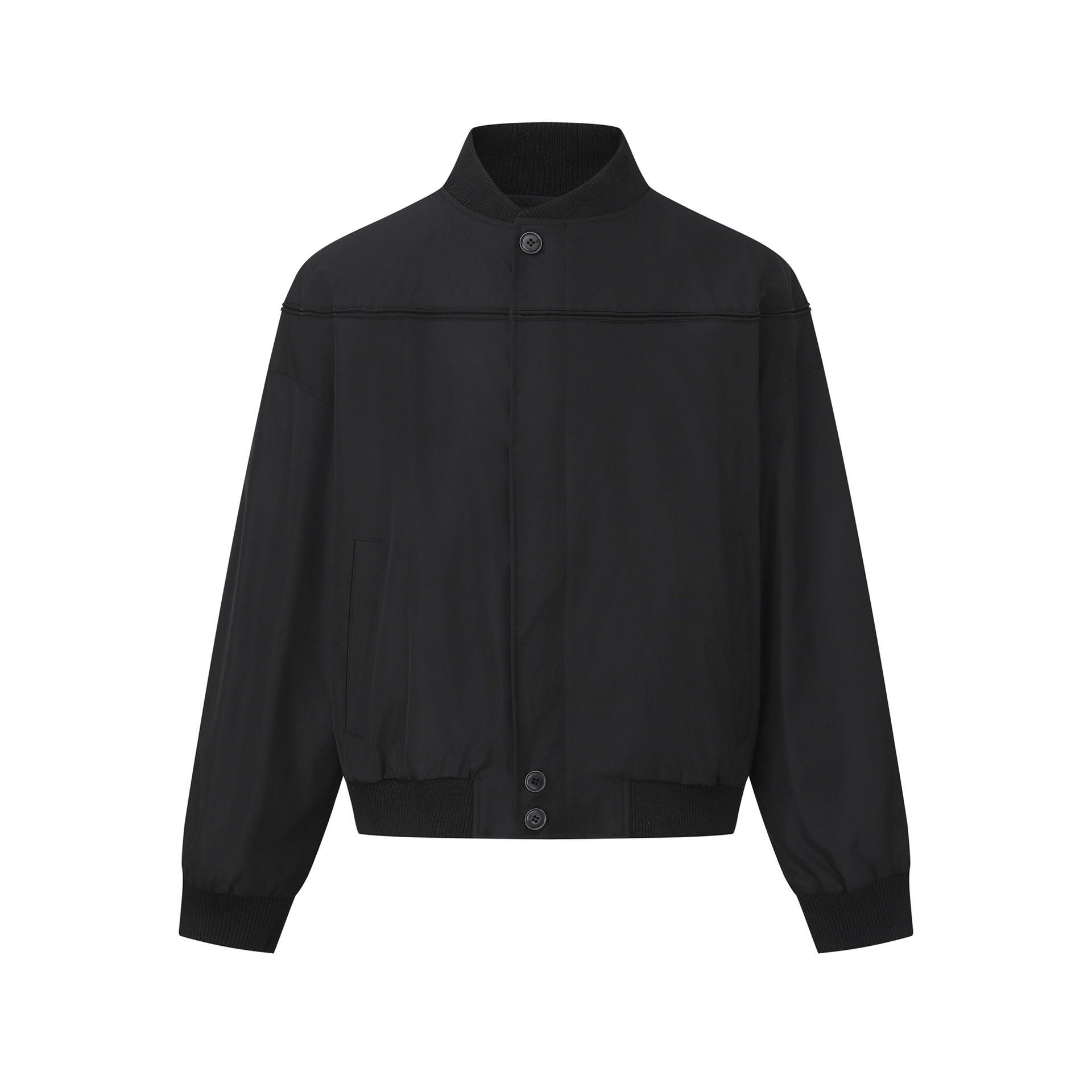 Unisex Short Cut Boxy Blouson with High Ribbed Collar, Concealed Button Placket and Elastic Waistband Chichicherry