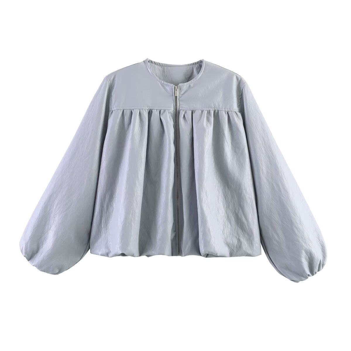 Women's short jacket with ruched yoke, round neck and balloon sleeves Chichicherry