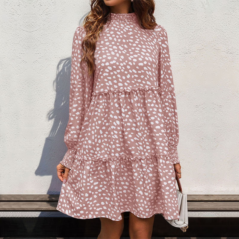 Women's Tiered Babydoll Midi Dress with Smocked Collar, Ruffle Layers and Gathered Cuffs