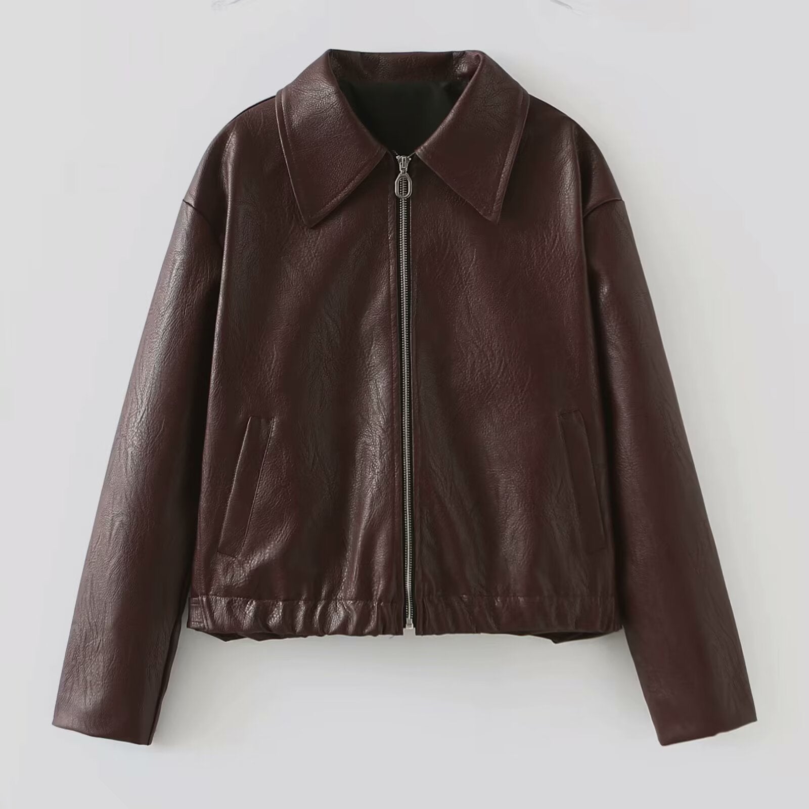 Women Short Oversized Leather Look Jacket with Zipper, Hem Band and Kent Collar Chichicherry