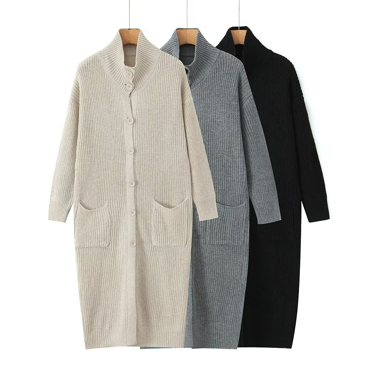 Women Long Chunky Knit Cardigan with Shawl Collar, Button Placket and Patch Pockets Chichicherry