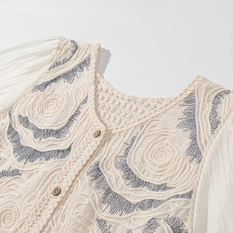 Ladies Embroidered Crochet Knit Cardigan with Transparent Pleated Sleeves Chichicherry