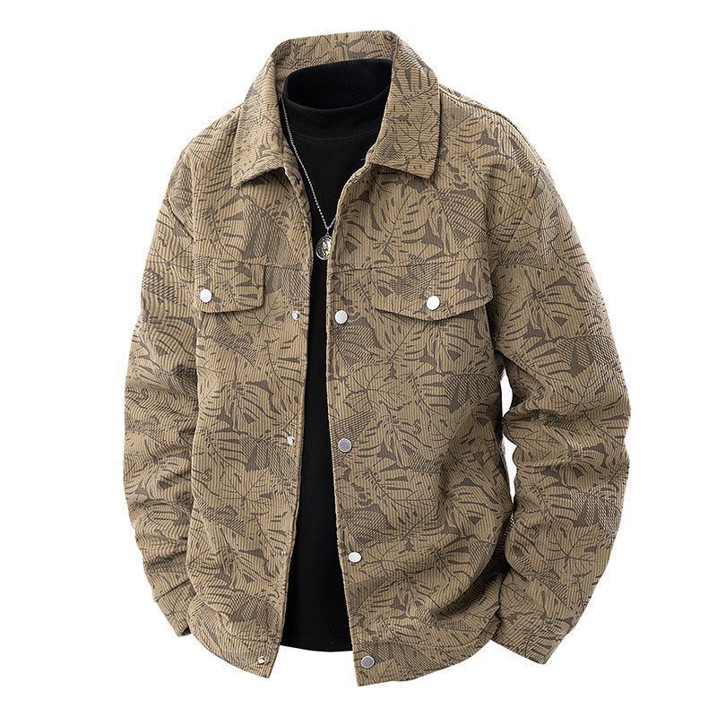 Men's corduroy trucker jacket with jacquard leaf pattern and snap button placket Chichicherry