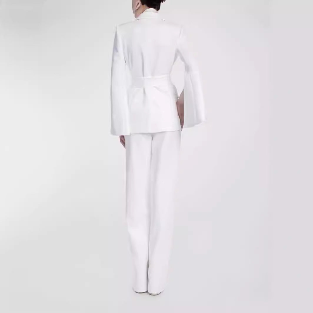 Women Tailored Cape Blazer with Tie Belt and Wide Palazzo Pants Chichicherry