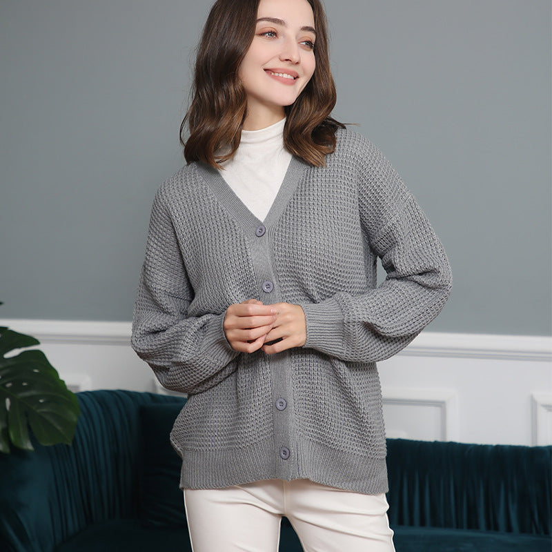 Women Waffle Structure Cardigan with Deep V Neck and Boxy Oversized Cut Chichicherry