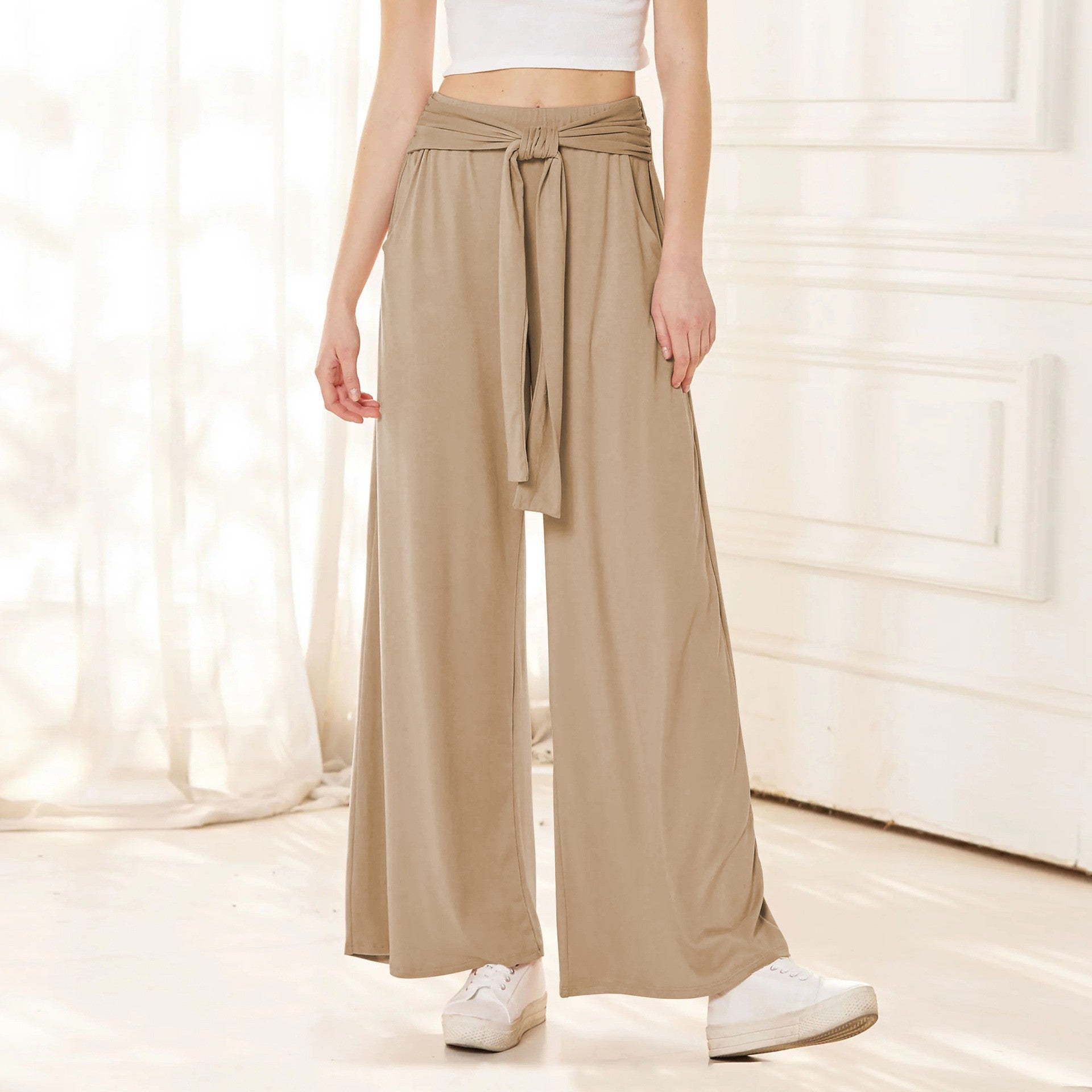 Women Wide Jersey Pants with High Waist and Tie Belt Chichicherry