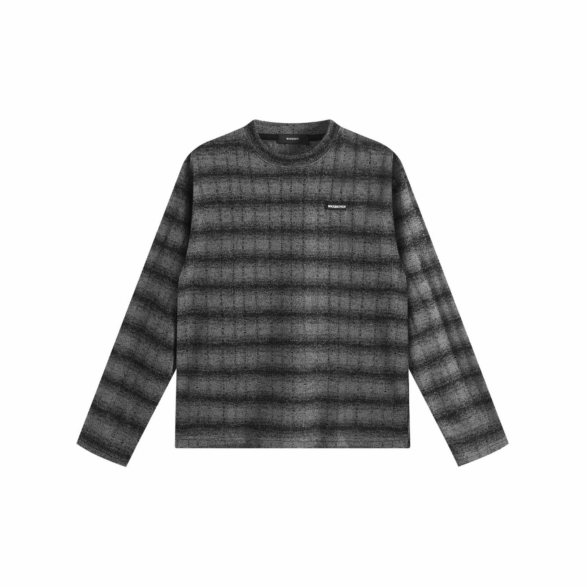 Unisex fine-structured round neck sweater with horizontal stripe pattern and logo patch Chichicherry