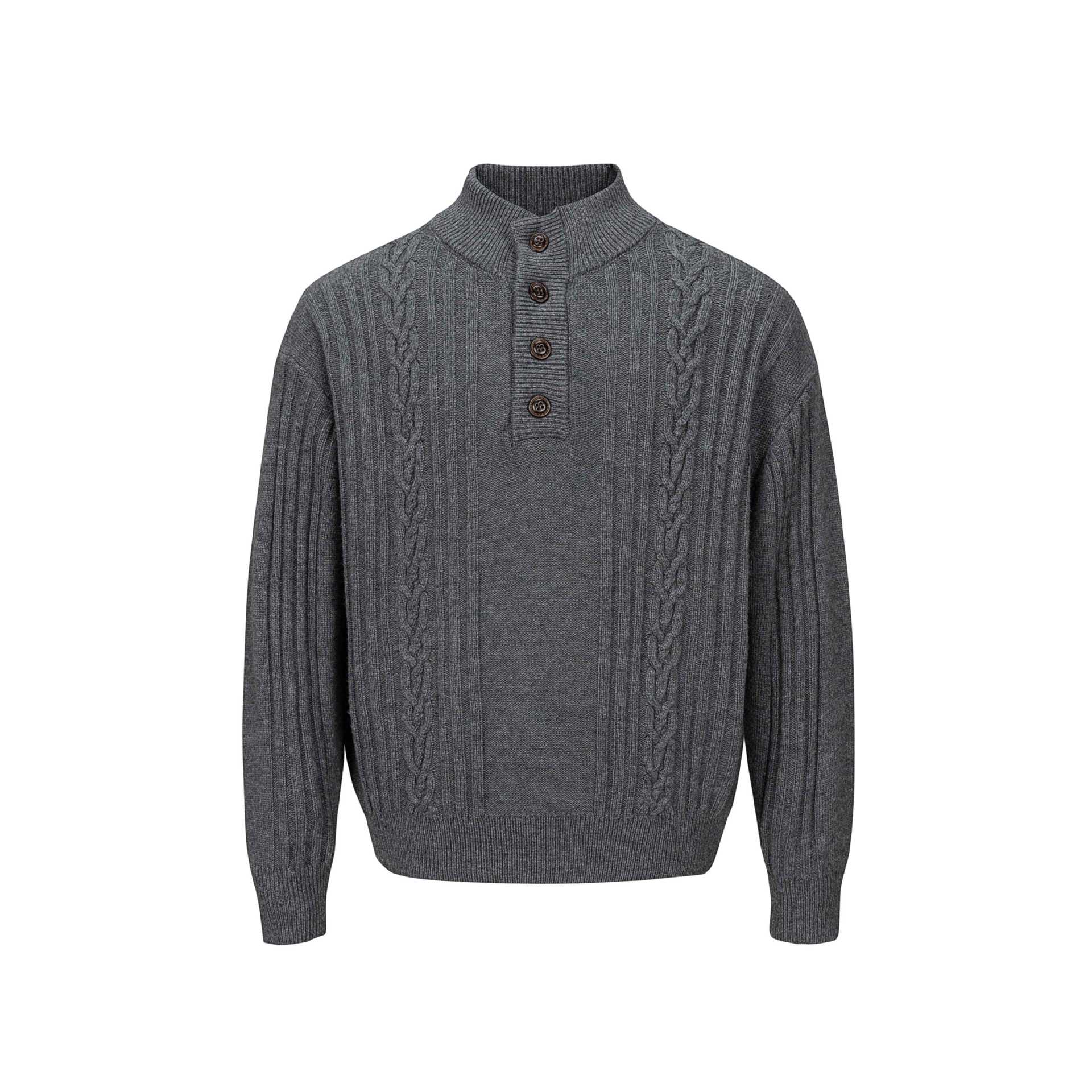 Men's Coarse Structured Knit Sweater with Stand-up Collar and Button Placket Chichicherry