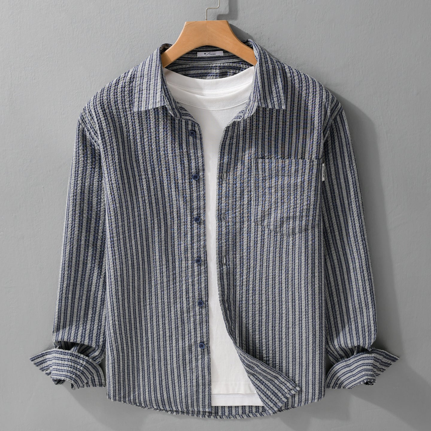 Men Striped Relaxed Overshirt made of textured cotton blend with chest pocket Chichicherry