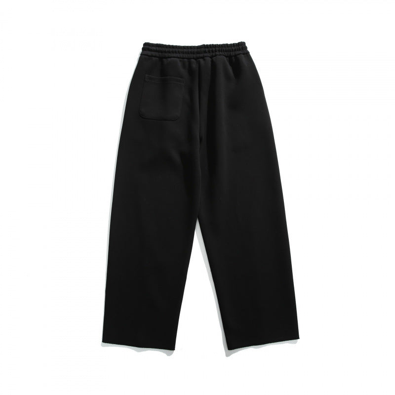 Unisex Loose Cotton Fleece Jogging Pants with Drawstring, Decorative Front Seams and Raw Hem Chichicherry