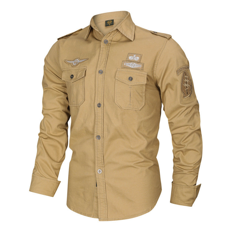 Men's military shirt with shoulder epaulets, applied chest pockets, and badge applications Chichicherry
