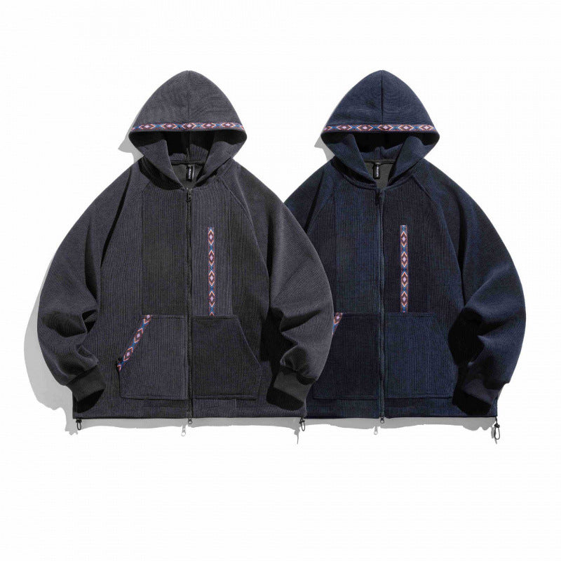 Unisex Oversize Hoodie with Zipper and Woven Decorative Bands Chichicherry