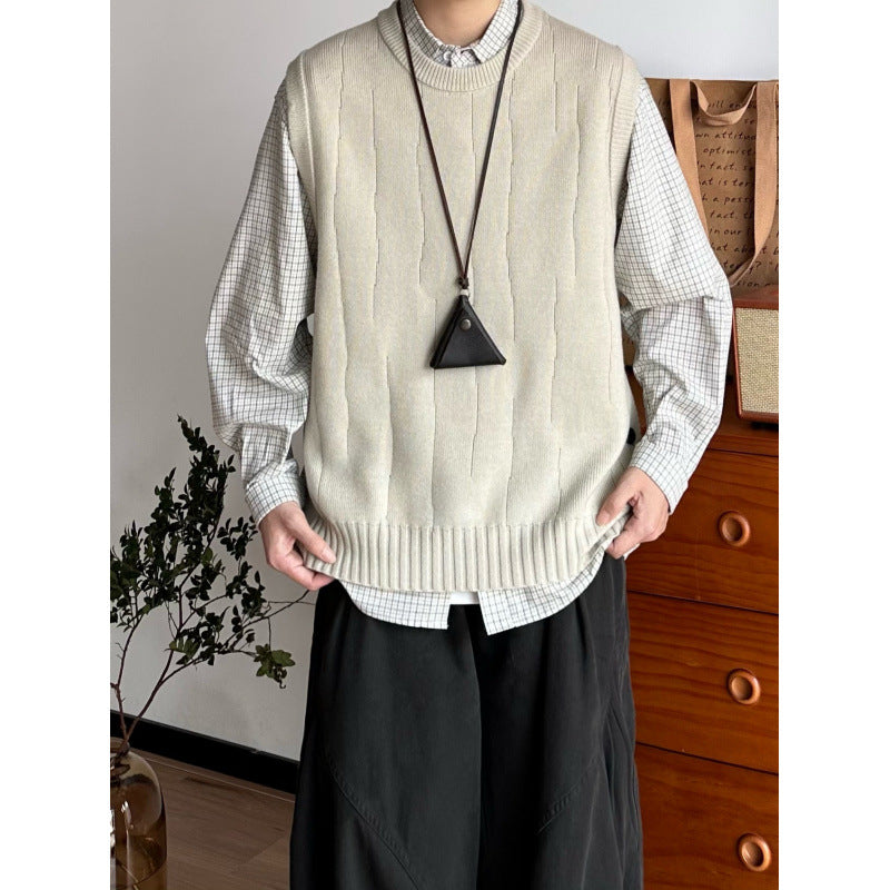 Herren Oversized Ärmellose Strickweste mit geripptem Saum und Rundhalsausschnitt Chichicherry