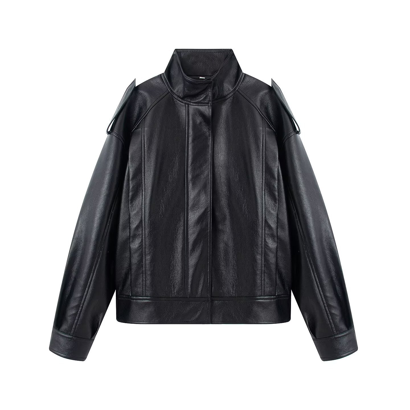 Women's Oversize Leather Jacket with Cut-Out Shoulder, Stand Collar and Structured Seams Chichicherry