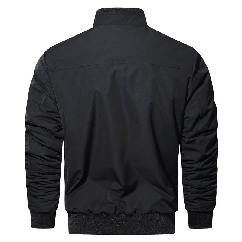 Men's lightweight utility bomber jacket with ribbed hem, zippered chest pocket, and flap pockets.