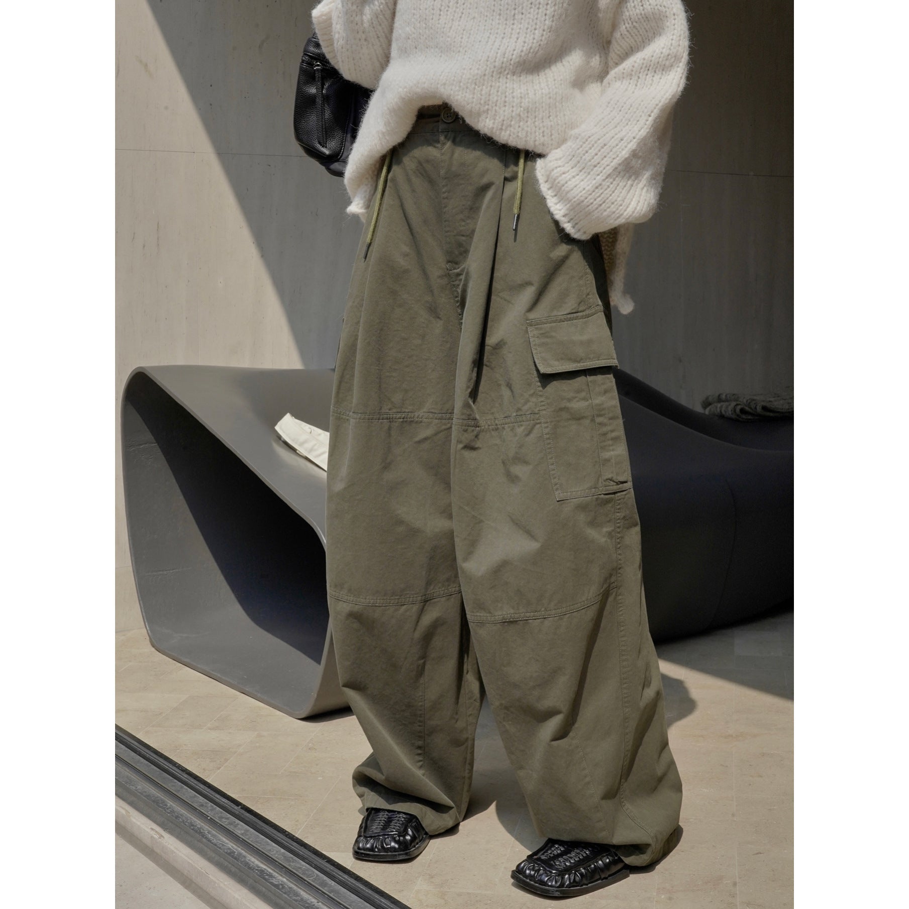 Women's Wide High-Waist Cargo Palazzo Pants with Drawstring Waistband and Patch Pockets Chichicherry