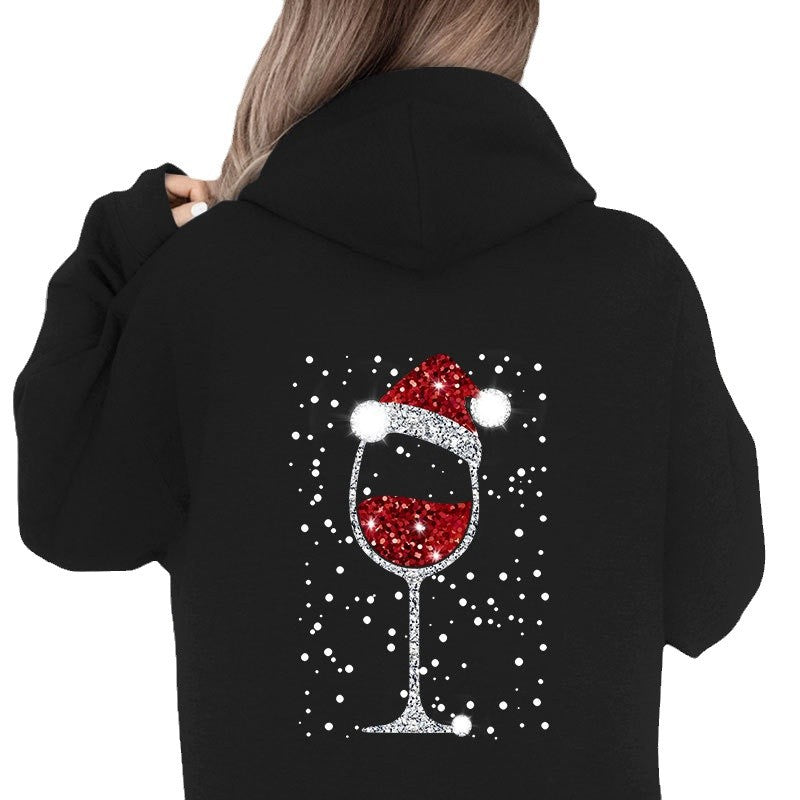 Women's Oversize Hoodie with Christmas Glitter Wine Glass Print Chichicherry