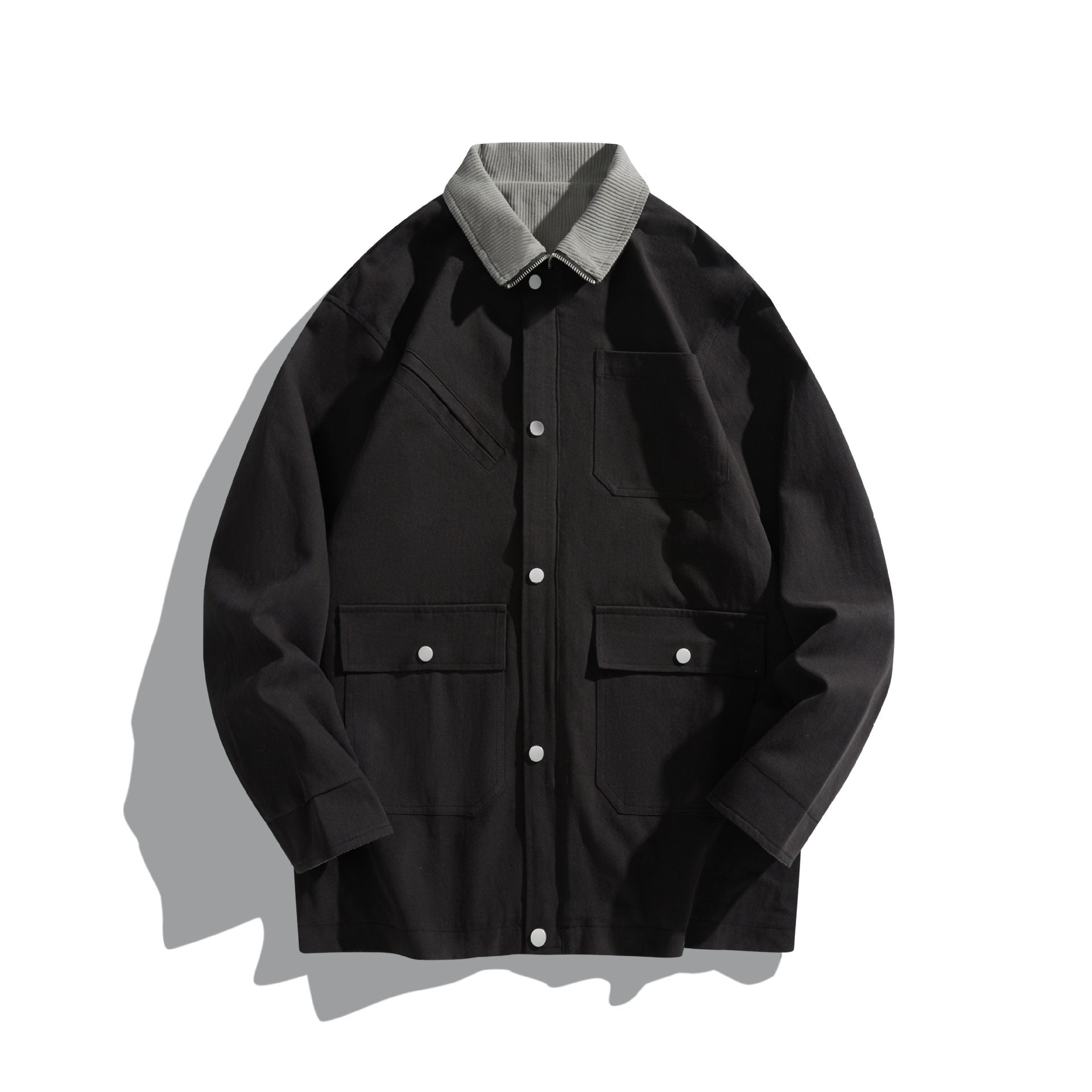 Unisex Short-Cut Boxy Canvas Jacket with Cord Collar, Snap Button Front and Utility Patch Pockets Chichicherry