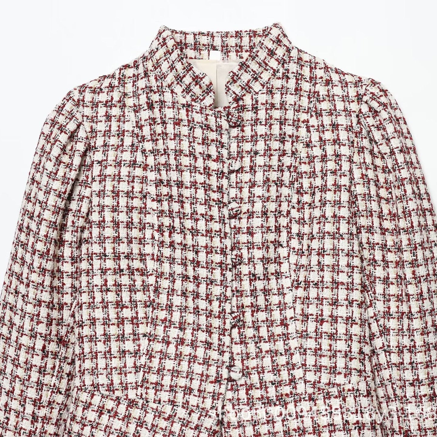 Women's short jacket made of boucle tweed with stand-up collar and faux fur cuffs Chichicherry