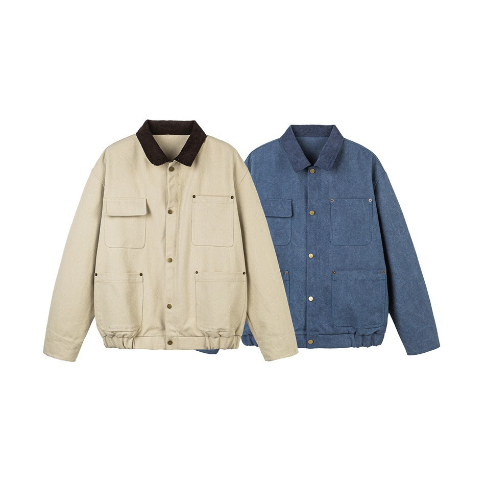 Unisex Short Cut Canvas Field Jacket with Cord Collar and Four Patch Pockets Chichicherry