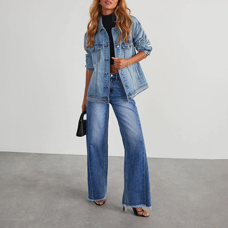 Women High-Waist Flared Jeans with Wide Leg and Frayed Hem Chichicherry