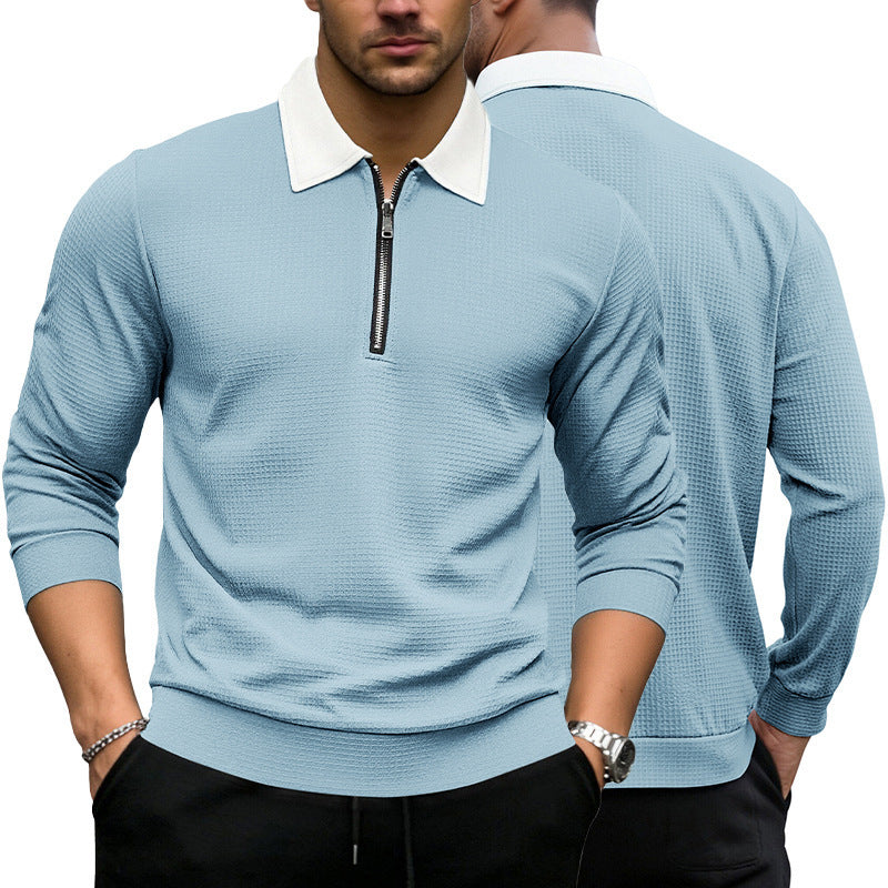 Men's Elegant Waffle Structure Polo Shirt with Half Zip and Contrast Collar Chichicherry