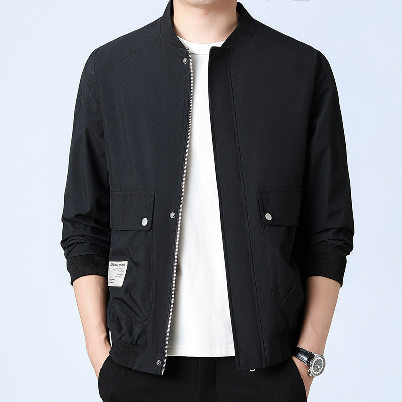 Men's Lightweight Utility Bomber Jacket with Concealed Zipper, Flap Pockets, and Ribbed Cuffs Chichicherry