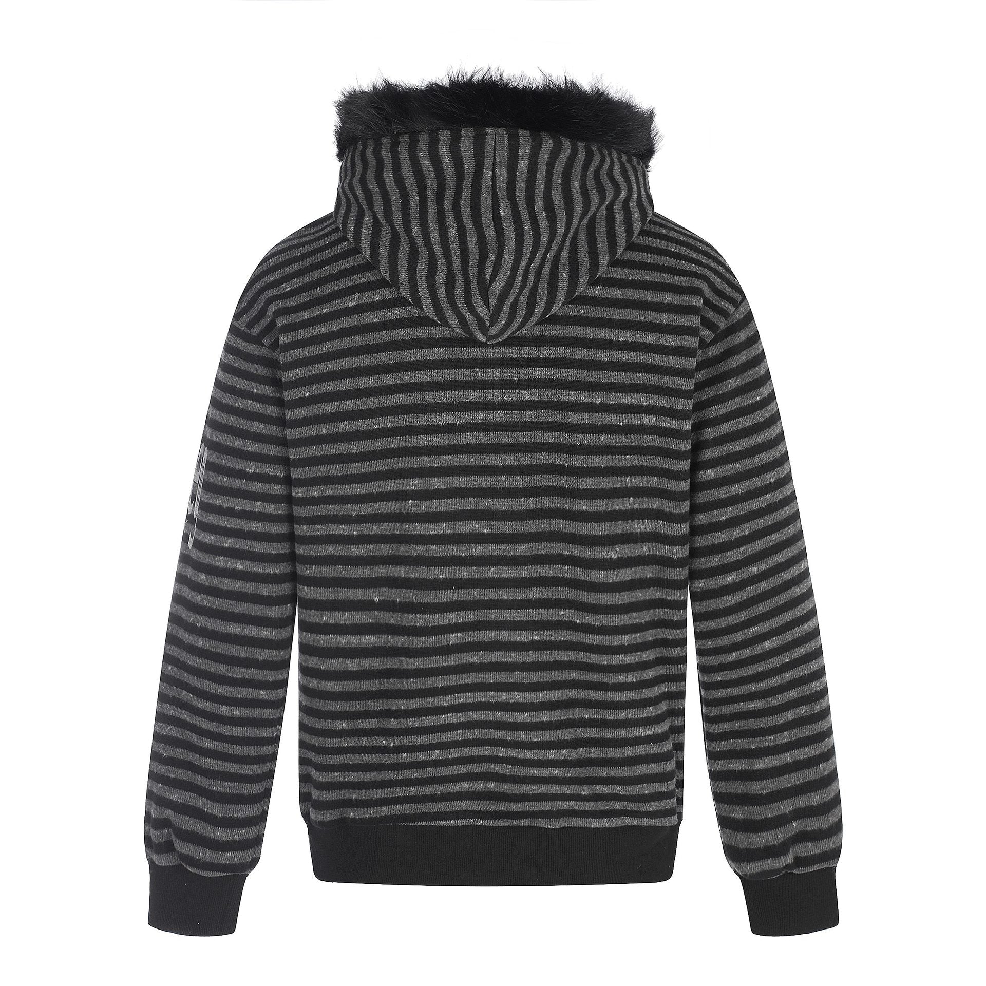 Unisex hoodie zip jacket with faux fur trim, striped pattern and front print Chichicherry