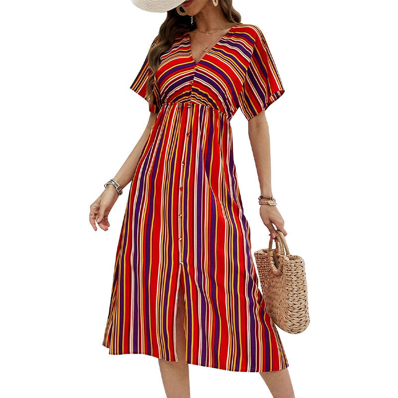 Women's Striped Midi Dress with V-Neck, Button Placket and Waist Gathered Chichicherry