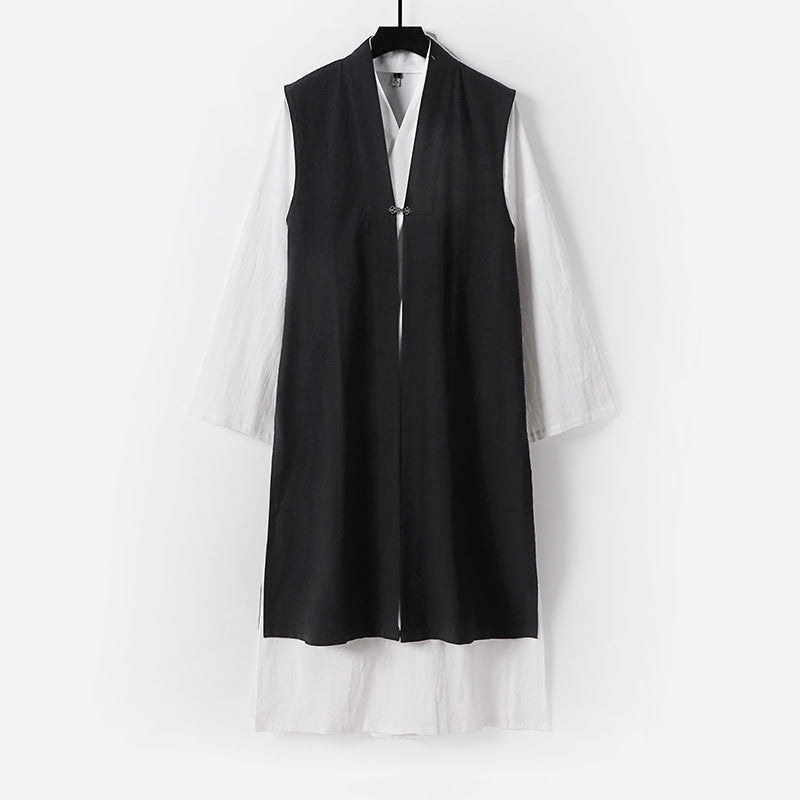 Ladies Long Sleeveless Kimono Vest with Minimalist Lines and Decorative Toggle Closure Chichicherry