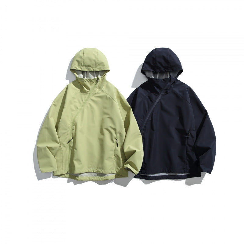 Unisex Lightweight Tech Rain Jacket with Asymmetrical Zipper Chichicherry